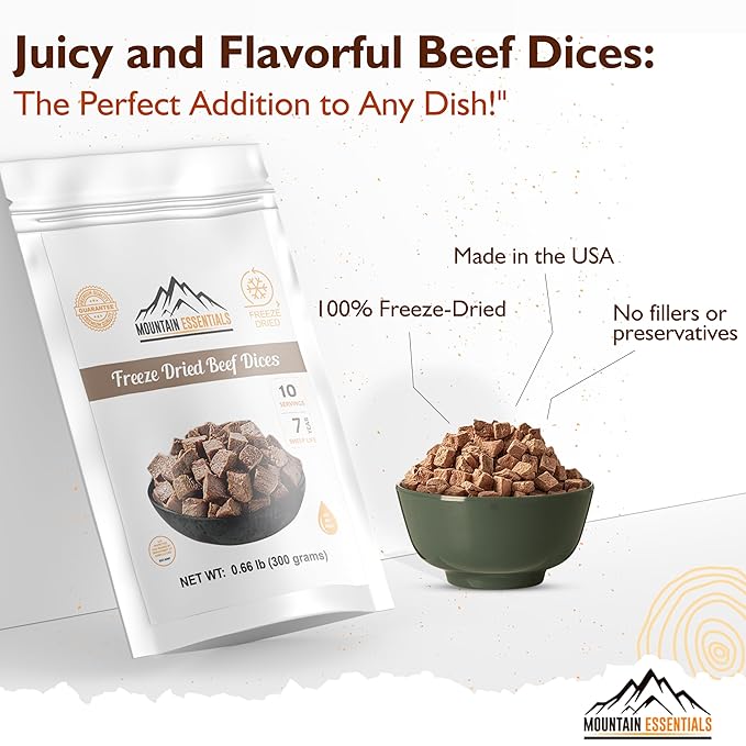 MOUNTAIN ESSENTIALS Freeze-Dried Diced Beef ??Fully Cooked Meat | Pre-Cooked | 240g High Protein Intake | 10 Servings | Ready-to-Eat Meal Prep | Pantry Staples, Daily Meals, Emergency Survival, Camping Food | 7-Year Shelf Life | Made in USA