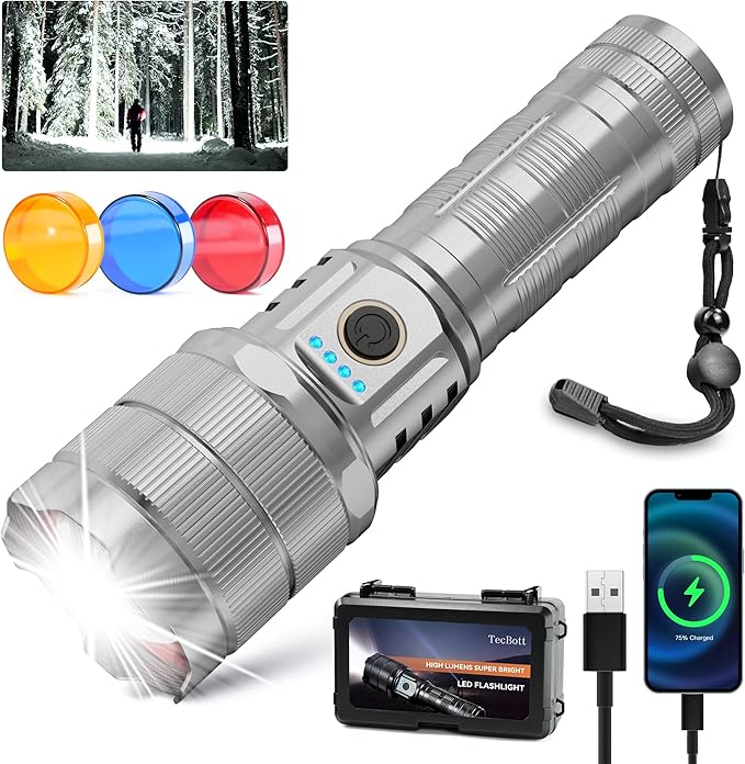 10000 High Lumens Flashlights LED Rechargeable Tactical Flashlight 5 Modes Zoomable Fast Charging IPX6 Waterproof Flash Light Super Bright Handheld Flashlights for Camping Outdoor and Gift