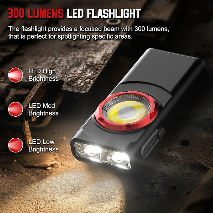EDC Flashlight Rechargeable, 700 Lumens Mini LED Flashlight with 8 Modes Dual Light Sources Magnetic Flashlights with Clip Waterproof Pocket Flat Flashlights for Night Working (1, Black)