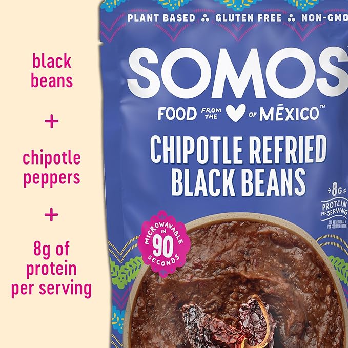SOMOS Chipotle Refried Black Beans - Gluten Free, Non-GMO, Vegan & Microwavable Meals Ready to Eat - Delicious, Healthy & Convenient - Perfect for Burrito Bowls, Tostadas & More | 10 oz (Pack of 6)
