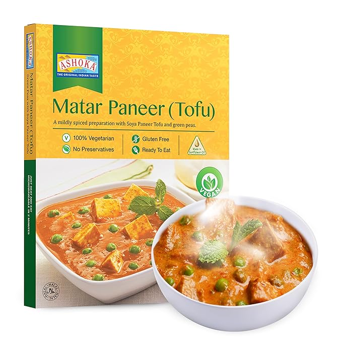 Ashoka Heat & Eat Meals 1932, Plant-Based Tofu & Green Peas Curry, Gluten-Free On the Go Meals, Kosher Certified, All-Natural Matar Paneer, Microwave Friendly with No Preservatives, Pack of 1
