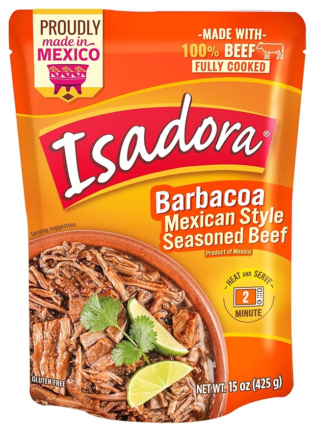 Isadora Fully Cooked Barbacoa Mexican Style 15 oz, Ready-to-eat, Seasoned Beef, Instant Meal, Shelf Stable