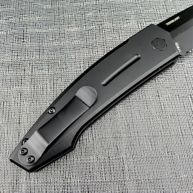 3.31'' D2 Steel Blade Aluminum Handles Speed Safe Botton Fast Opening Folding Knife with Pocket Clip, Camping EDC Tools, Survival Knives, Christmas Gift for Men and Women (Black Serrated Blade)
