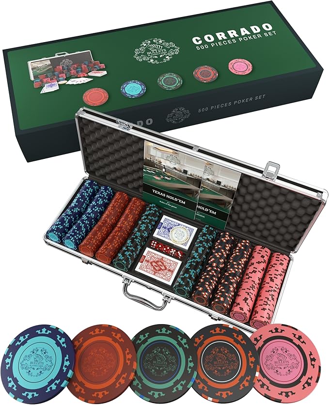 Bullets Poker Set ??Complete Chip Set with Case, Playing Cards, Dices, and Travel Case ??Professional for Texas Hold'em, Blackjack, Poker Games, and Casino Chips, 500 Clay 'Corrado' Chips.