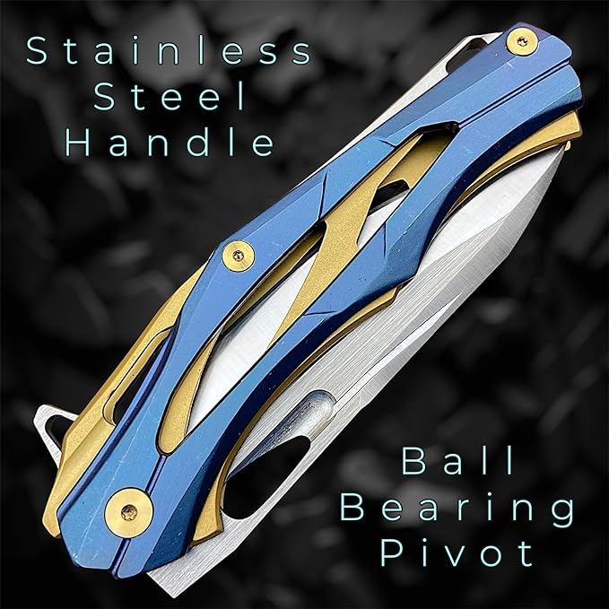 TACTICAL GEARZ Stainless Steel Pocket Knife, Stainless Steel Handle, D2 Steel Drop Point Blade, Ball Bearing Pivot! (Kronus Blue/Gold)