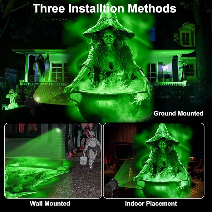 Treela Halloween Projector Lights Outdoor Dynamic Witches and Cauldron Lights Decoration Outside Indoor LED Landscape Lamp for Holiday Garden Supplies(Green)
