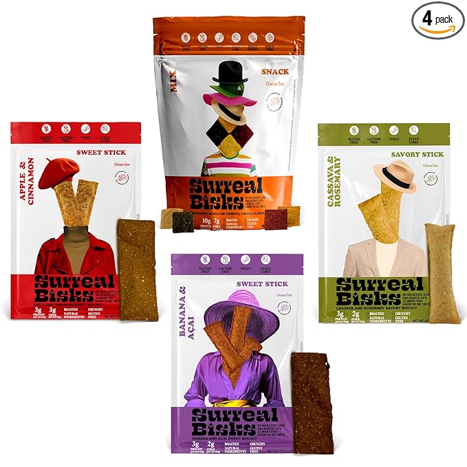 Surreal Bisks Nutritious 4-pack Snack Bundle - Mixed Snack (2oz) & 3 Sticks (3/4oz each) - Banana & Açaí, Apple & Cinnamon, and Cassava & Rosemary - Healthy, Vegan, Gluten-Free Treats