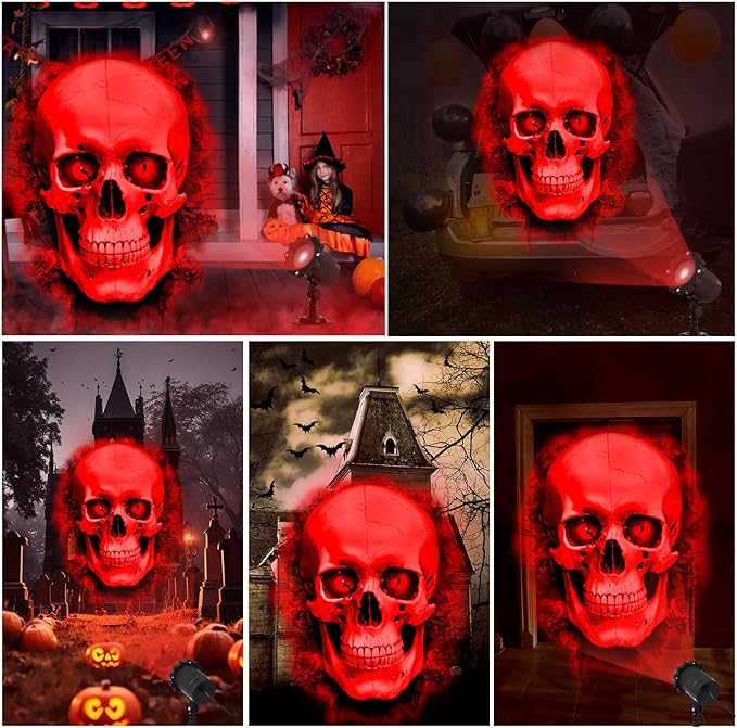 Treela Halloween Projector Lights Outdoor Indoor Dynamic Ghost Skull Lights Decoration Outside LED Landscape Lamp for Holiday Garden Supplies(Red,Skull)