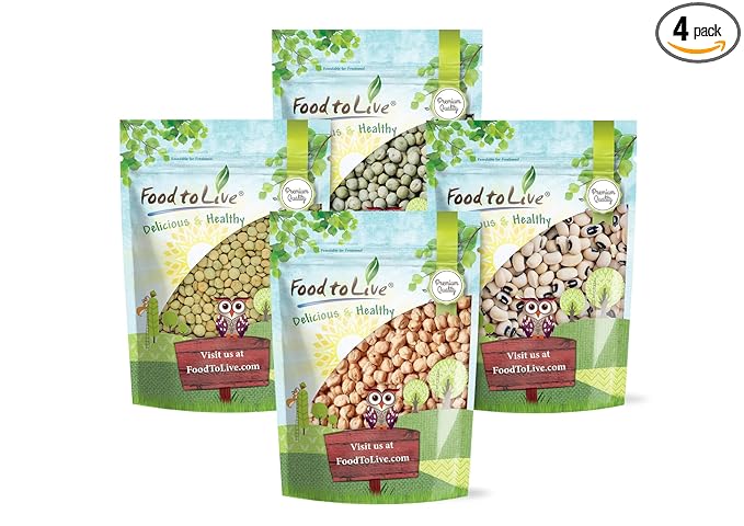 Food to Live Premium Pulses Bundle, 4 Pack ??Chickpeas(5 LB), Whole Green Peas(5 LB), Green Lentils(5 LB), Black-Eyed Peas(5 LB), Raw, Vegan, Kosher, Sproutable, Rich in Fiber and Protein, Legumes.