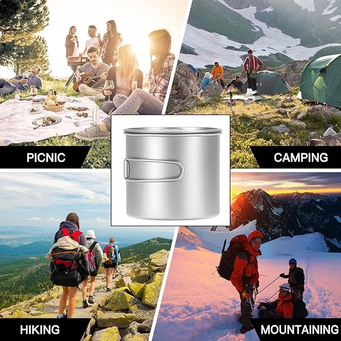 Titanium Pot 900ml & 1100ml & 1600ml Lightweight Camping Cookware for Outdoor Hiking Backpacking Travel, Non-Toxic Druable Cooking Pot with Lid & Folding Handle