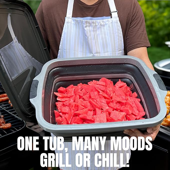 Collapsible Large (8L) BBQ Marinating Tub w/Cutting Board | Multipurpose Food-Grade TPE Prep Tub w/Lid | Built-in Colander & Drain Plug - for Camping | Tailgate | Picnic - Slate Black