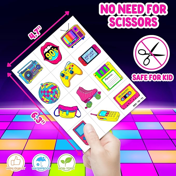 72PCS 90s & 80s Party Favors - 48PCS Pre-Cut Tattoos & 24PCS Slap Bracelets, Retro 90s Birthday Party Supplies Decorations, Ideal for Kids’ Classroom Prizes & Rewards for Boys & Girls