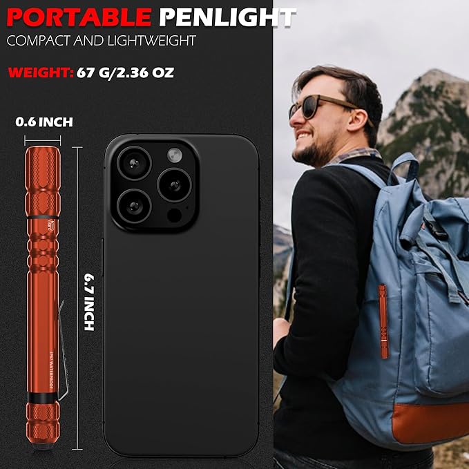 FORTO Rechargeable Pen Light Flashlight, 400 Lumens Small Pocket Flashlight with Clip, IP67 Waterproof, 2 Light Modes, 3-Color Battery Indicator, Type-C Charging, for Inspection,Emergency (Orange)