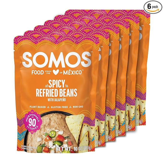SOMOS Spicy Refried Beans - Gluten Free, Non-GMO, Vegan & Microwavable Meals Ready to Eat - Delicious, Healthy & Convenient - Perfect for Tacos, Tostadas & More | 10 oz (Pack of 6)