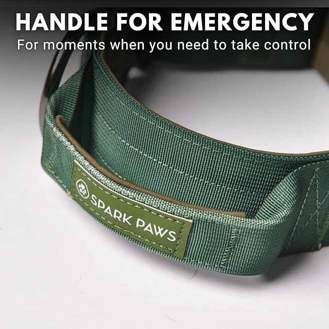 Spark Paws Tactical Dog Collar - Heavy Duty, Premium Quality, Thick and Durable for Large and Medium Dogs - Solid Green - M
