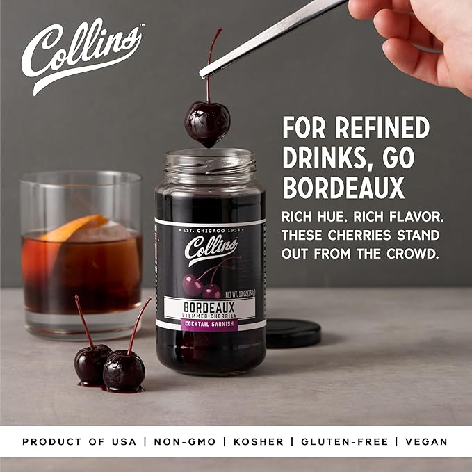 Collins Stemmed Black Cherries for Cocktails, Old Fashioned, Manhattan, and Whiskey Sour, Cocktail Cherry in Bordeaux Syrup, Garnish for Mocktails, Party Drinks, Baking, Desserts, 10 oz