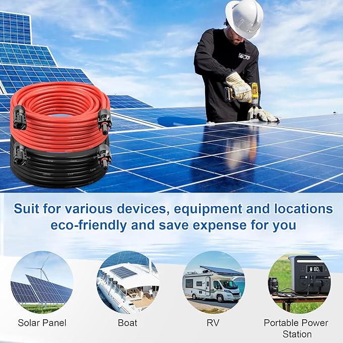 100 FT 10AWG Solar Panel Extension Cable,10 Gauge Extension Cord,5FT 10FT 20FT 30FT 50FT 100FT Solar Panel Wire with Extra Fair of Female and Male Connectors Solar Adapter for RV, Photovoltaic Systems