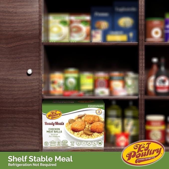 KJ Poultry Kosher Ready Meals - Chicken Meat Balls & Mushrooms, MRE Meat Meals Ready to Eat, Halal, (3 Pack) Prepared Entree Fully Cooked, Shelf Stable Microwave Dinner, Travel, Military, Camping