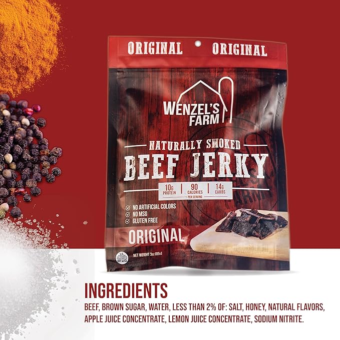 Wenzel's Farm Beef Jerky Variety Pack - Includes Original, Teriyaki, and Peppered Beef Jerky - Naturally Smoked - No MSG - No Artificial Colors, Gluten Free - Pack of 3, 3 Oz Bags