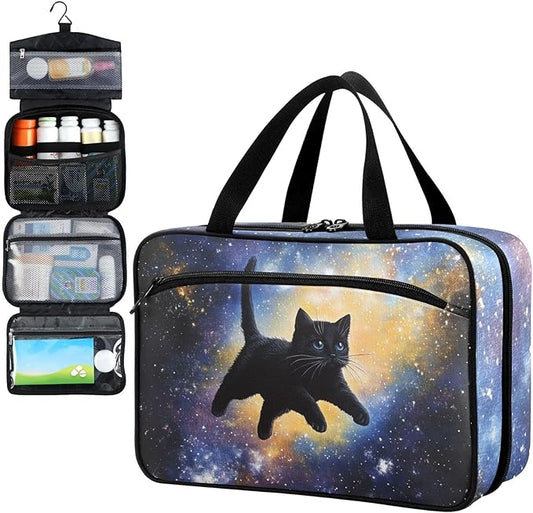 Fustylead Cute Black Cat in Space Pill Organizer Bag Large Medicine Travel Carrying Case with Zipper for Vitamin Supplements Fish Oil, Empty First Aid Kit for Hiking Camping