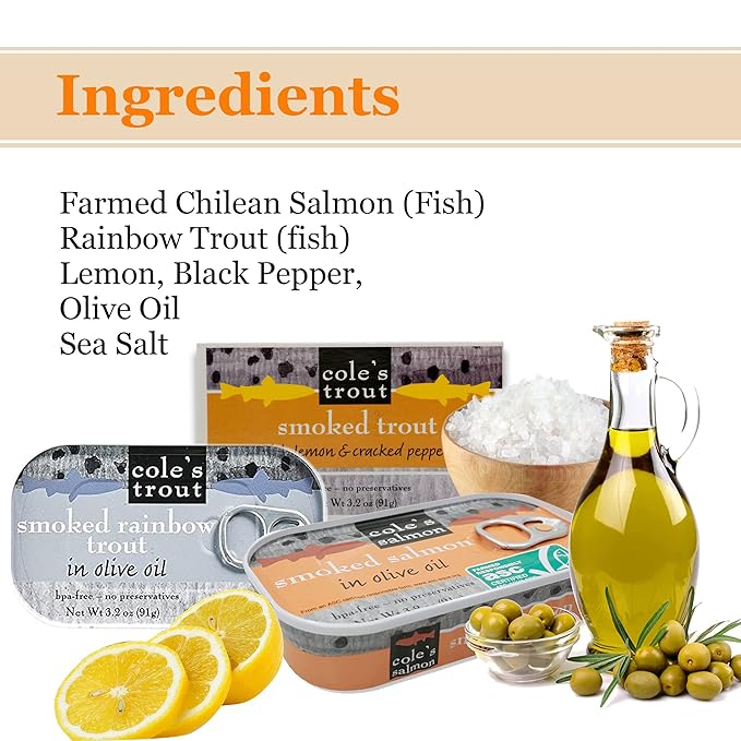 COLE'S Canned Seafood Variety Pack - Salmon, Rainbow Trout in Olive Oil & Trout with Lemon & Cracked Pepper | High in Protein Canned Fish- 3 Pack
