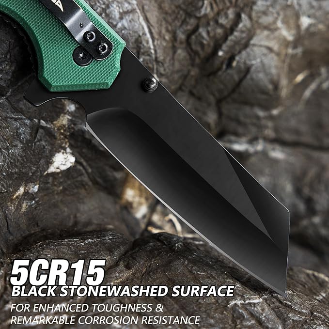 FLISSA Folding Knife, 4-3/4" Reverse Tanto Folding Pocket Knife, Black Stonewash Blade, G10 Handle, for Hunting, Survival, Camping and Outdoor Activities, Great Gifts for Dad, Husband, Friend