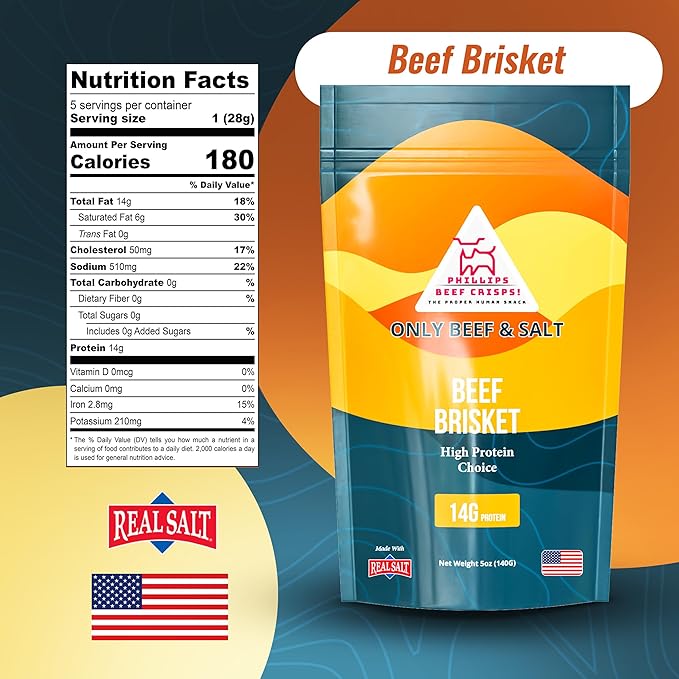 Phillips Beef Crisps - Brisket - Only Beef & Salt - Zero Carbs - Zero Sugar - High Protein Meat Snacks - 14g Protein