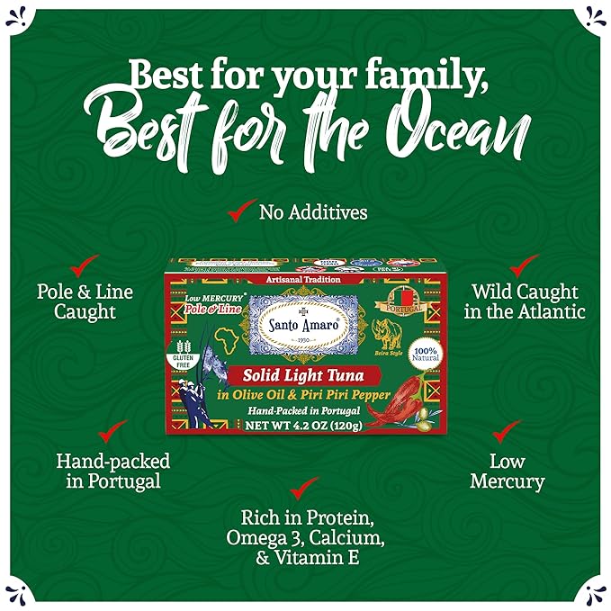 Santo Amaro - Artisanal Wild Tuna Fillets in Olive Oil & Red Piri Piri Pepper, Pole & Line Caught Tuna from Portugal, Hand-Packed Beira-Style Canned Tuna Fish, 22g Protein Keto, Low Mercury, Pack of 3