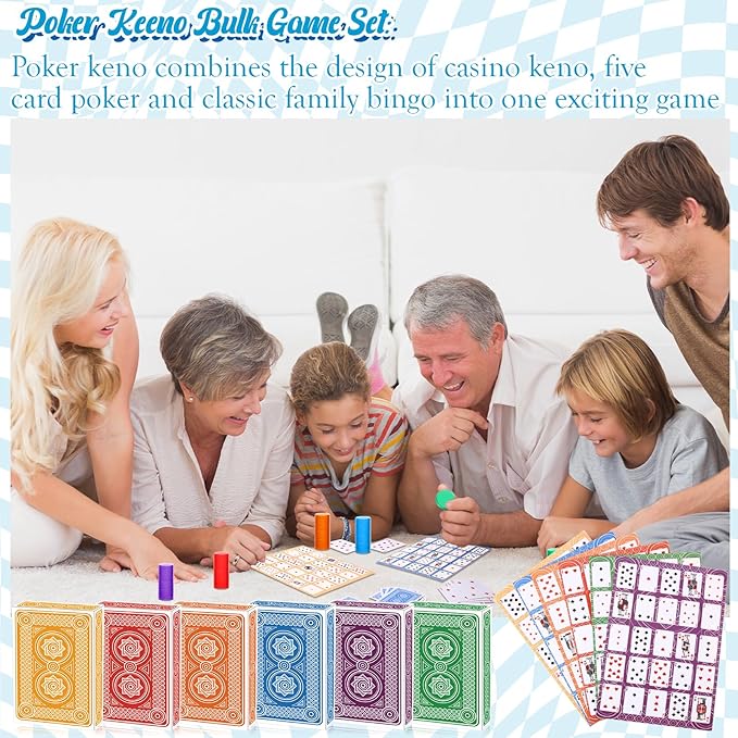 Zubebe 654 Pack Poker Keno Game Set, 6 Deck of Multicolor Playing Cards, 600 Transparent Scoring Chips, Large Boards, Poker Bingo Set Keno Board Game for Family Gathering Casino Play Night (Mixcolor)