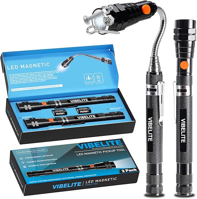 VIBELITE Extendable Magnetic with Telescoping Magnet Pickup Tool-Cool Gadget Gifts for Him, Husband, Men, Dad, Father, Mechanic,Tech, Handyman, Boyfriend, Women, Black, 2 Pack