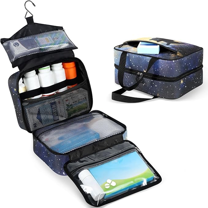 Fustylead Cute Black Cat in Space Pill Organizer Bag Large Medicine Travel Carrying Case with Zipper for Vitamin Supplements Fish Oil, Empty First Aid Kit for Hiking Camping