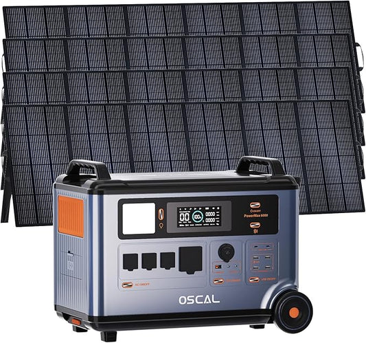 OSCAL 6000W Solar Generator(2025 New),120V/240V Split Phase Voltage Portable Power Station PowerMax 6000 with 4×500W Panel, 4 * 6000w AC Output (9000W Surge),2400W MPPT Solar for Emergency 999