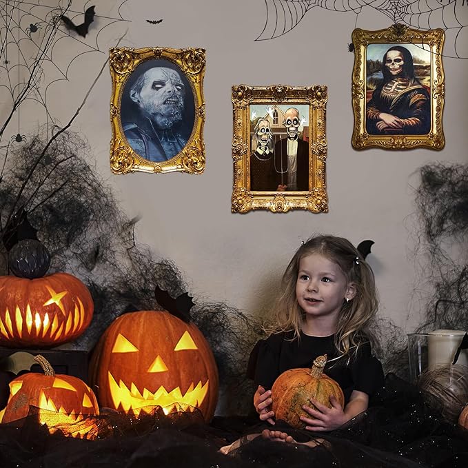ECGER Halloween Decorations Indoor, Haunted Scary Decor - 3D Changing Face Pictures, Vintage Moving Wall Portraits Frame, For Horror Spooky Party Mansion Castle House Home Decoration(8 Pieces)