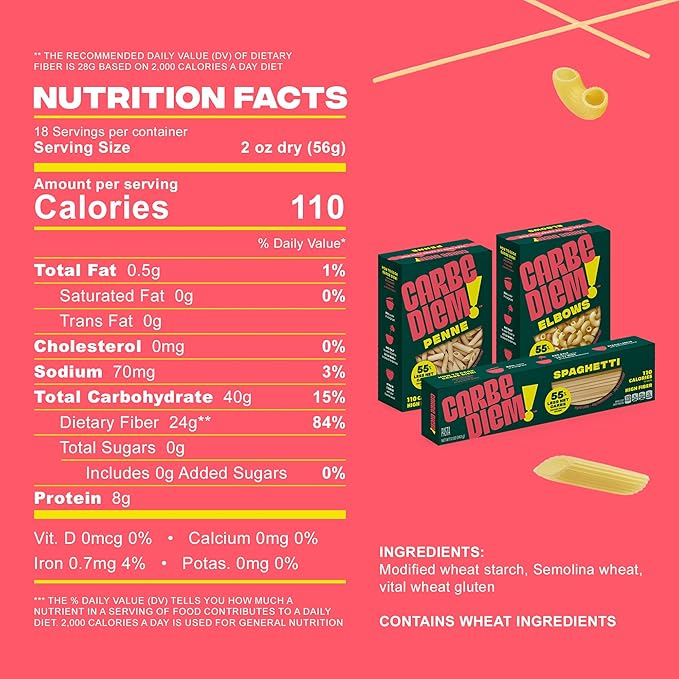Carbe Diem!, Trio Sampler Pack, Spaghetti, Penne & Elbow, Lower Net Carb Pasta with Traditional Flavor & Texture, 8 grams of Protein, Only 110 Calories Per Serving, Pack of 3