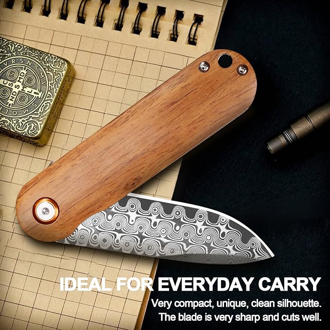 Damascus Pocket Knife, 2.95" Damascus Steel Blade Pocket Knives & Folding Knives, Wooden Handles EDC Knife for Women Men