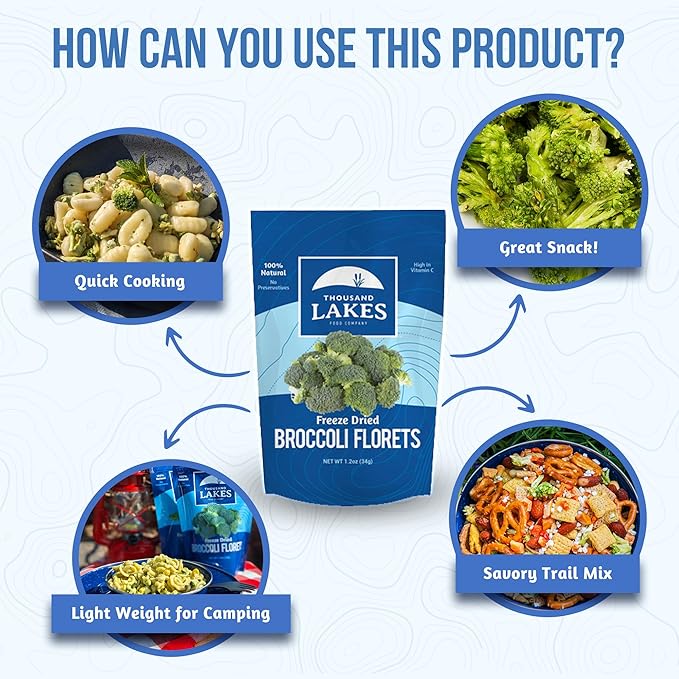 Thousand Lakes Freeze Dried Vegetables - Broccoli Florets 2-pack 1.2 ounces (2.4 ounces total) | 100% Florets - No Stems | No Salt Added