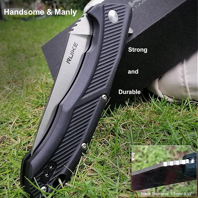 Ruike EDC Pocket Knife for Men,3.86 inch Big Blade,8Cr13 Stainless Steel,Liner Lock,Tactical Camping Folding Knives Belt Clip,Lightweight PA66 Handle,Small Flipper Microtech Elemental Survival Hiking Hunting Gadgets Gear Tool Womens Dad Father Gift