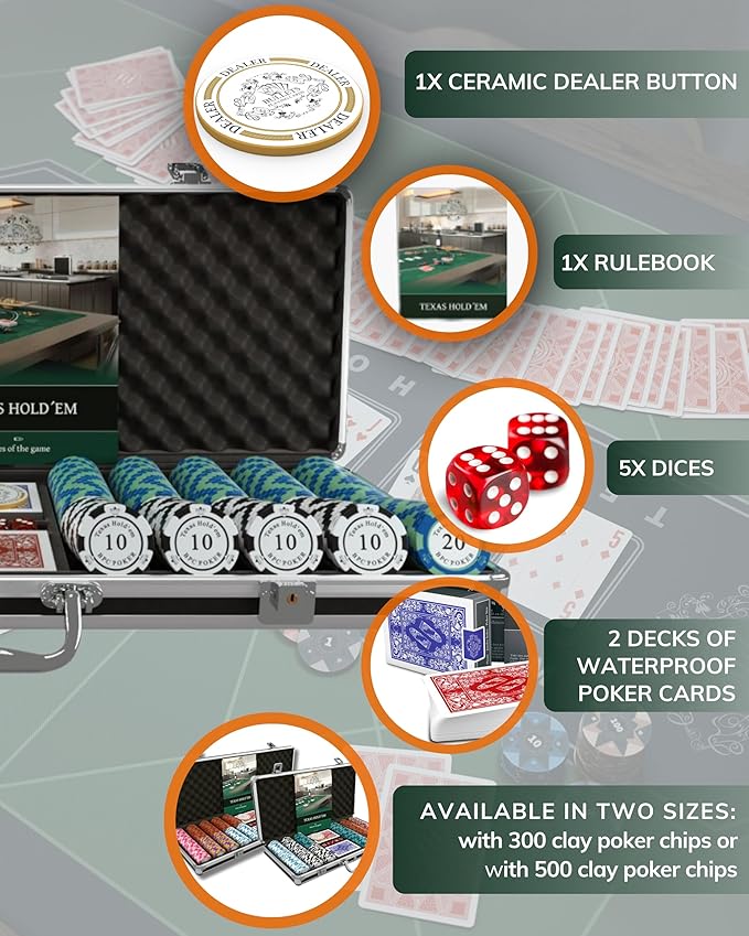 Bullets Poker Set, 2 Plastic Card, Dice, Dealer Button, Manual & Travel Case ??with Case for Texas Hold?™em, Casino Games, & Prominence ??Ideal Poker Set with Chips and Cards, 500 Clay 'Carmela' Chips.