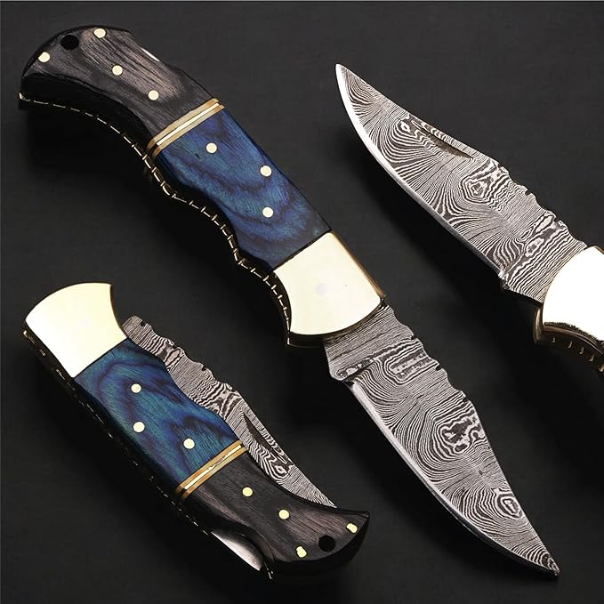 6.5 inch Damascus Pocket Knife with Sheath, Handmade Folding Pocket Knife for Men, Black-Red Wooden Handle with Brass Bolster, Secure Lock Back Camping Knife for EDC,Hunting,Hiking (Blue)