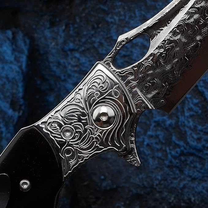 3.5 inch Japanese VG10 Damascus Steel Outdoor Folding Knife with Black Wood Handle, Lined Lock, EDC & Camping Use