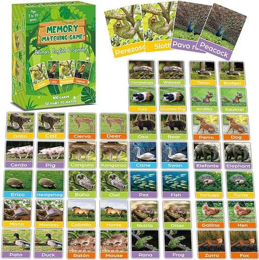 gisgfim 50 Pairs Memory Matching Games Spanish English Bilingual Animal Memory Matching Games Educational Game for Kids and Adults A Fun & Fast Animal Game Toddlers Preschool Family Board Gift