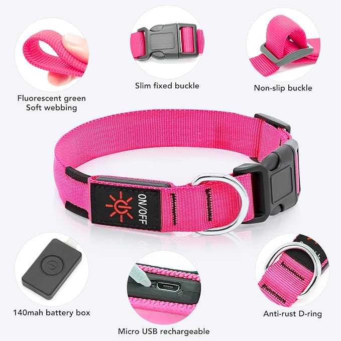 Light Up Collar, Led Dog Collar Adjustable, Rechargeable Waterproof, Night Walking Lights, Glow in Dark for Medium Large Dogs