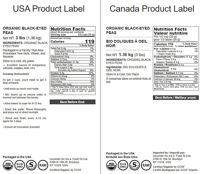 Food to Live Organic Black-Eyed Peas, 3 Pounds ??Raw Dried Cow Peas, Non-GMO, Bulk Beans, Product of the USA