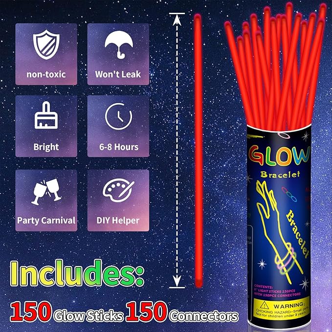 150 Pack 8??Red Glow Sticks Bulk with 150 Connectors Neon Glow In The Dark Party favors Supplies for Holiday Birthday Party Decoration (Red)
