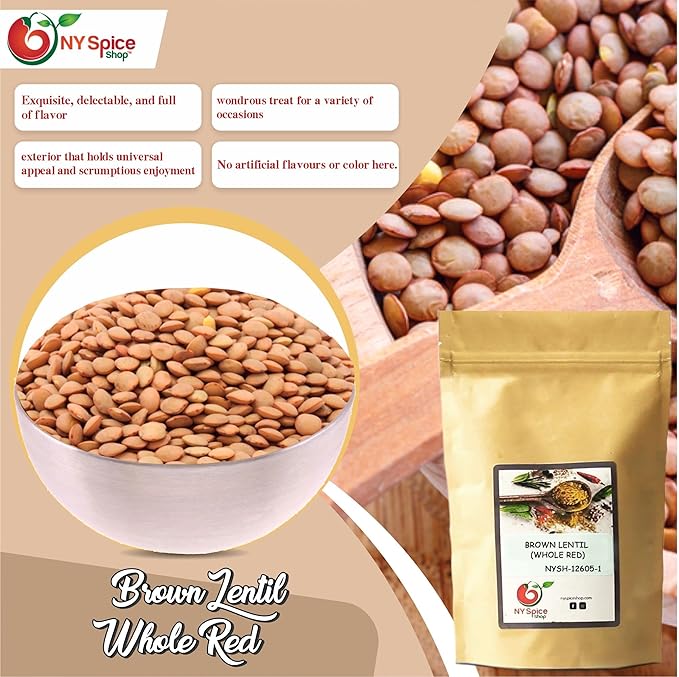 NY SPICE SHOP BROWN LENTIL (WHOLE RED) ??1.5 lbs. (Pound) Desi Masoor (Masur) Whole - Brown Lentils (Lens esculenta) -Dry Raw Lentils - Good Source of Fiber & Protein ??Lentils for Soup, Stews & Curry.