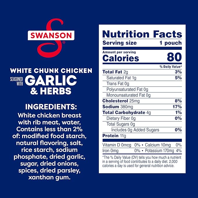 Swanson Garlic and Herbs White Chunk Fully Cooked Chicken, Ready to Eat, Simple On-the-Go Meals, 2.6 OZ Pouch
