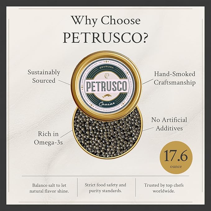 PETRUSCO Sevruga Black Caviar - Premium Fresh Seafood Sturgeon Fish Caviar - Rich, Buttery Flavor, Smooth & Briny Taste with Elegant Texture and Perfect for Fine Dining (17.6 Ounces)