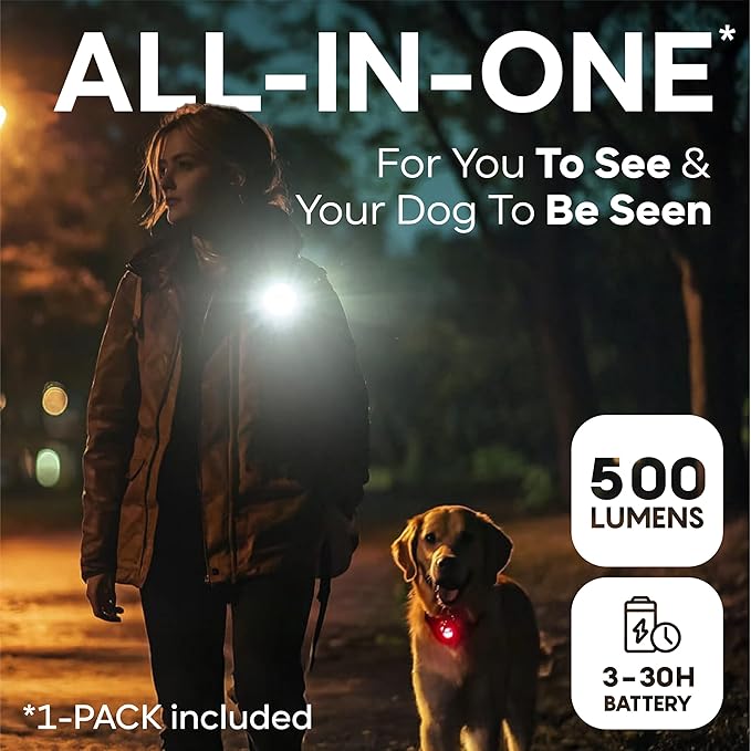 Dog Collar Light (1 Pack), Powerful 500 Lumens Dog Lights for Night Walking, New Generation Rechargeable Reflective Dog Light - Dog Hiking Gear