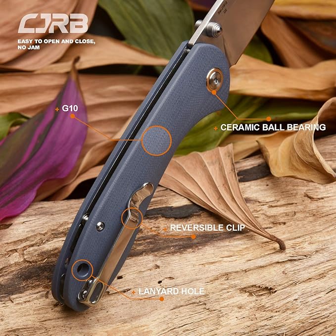 CJRB Folding Knife Feldspar Pocket Folding Knife Stonewash D2 Steel Blade G10 Tactical Handle EDC Knife,Blue Handle-Large(J1912)