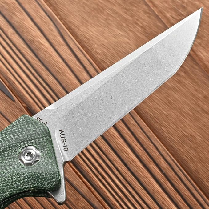 FF4 Folding Knife, AUS-10 Steel Blade Micarta Handle Knife for Outdoor Camping Hunting Fishing Survival(Green)